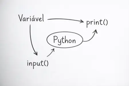 A imagem mostra um quadro branco ou tela digital com conceitos simples escritos &agrave; m&atilde;o, como vari&aacute;vel, print(), input(). H&aacute; setas ligando os termos, simulando um racioc&iacute;nio passo a passo. O visual passa a ideia de fundamentos bem explicados, organiza&ccedil;&atilde;o mental e aprendizado progressivo, ideal para quem est&aacute; come&ccedil;ando do zero.