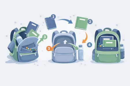 Ilustração em estilo flat educacional. Uma mochila aberta no centro da imagem. Ao redor dela, objetos escolares separados: caderno, livro, estojo, garrafa. Setas numeradas (1, 2, 3, 4) indicam a ordem correta de colocar cada item dentro da mochila. À esquerda, uma versão “confusa” da mochila, com itens jogados aleatoriamente. À direita, a mochila organizada, com tudo no lugar. Fundo claro, cores suaves (azul, cinza e verde). Visual simples, limpo e fácil de entender. Estilo educativo, sem texto longo.
