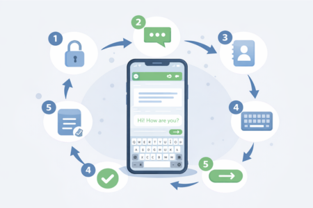 Ilustração em estilo flat educacional. Um smartphone ao centro, com a tela ligada. Sequência de etapas numeradas ao redor do celular (1 a 7). Cada etapa mostra uma ação clara: desbloquear a tela, abrir o app de mensagens, escolher contato, digitar texto, enviar. Ícones simples e reconhecíveis (cadeado aberto, app de mensagem, teclado, botão enviar). Fundo claro, cores suaves (azul, verde e cinza). Visual limpo, organizado e fácil de entender. Estilo educativo, foco em lógica e sequência.