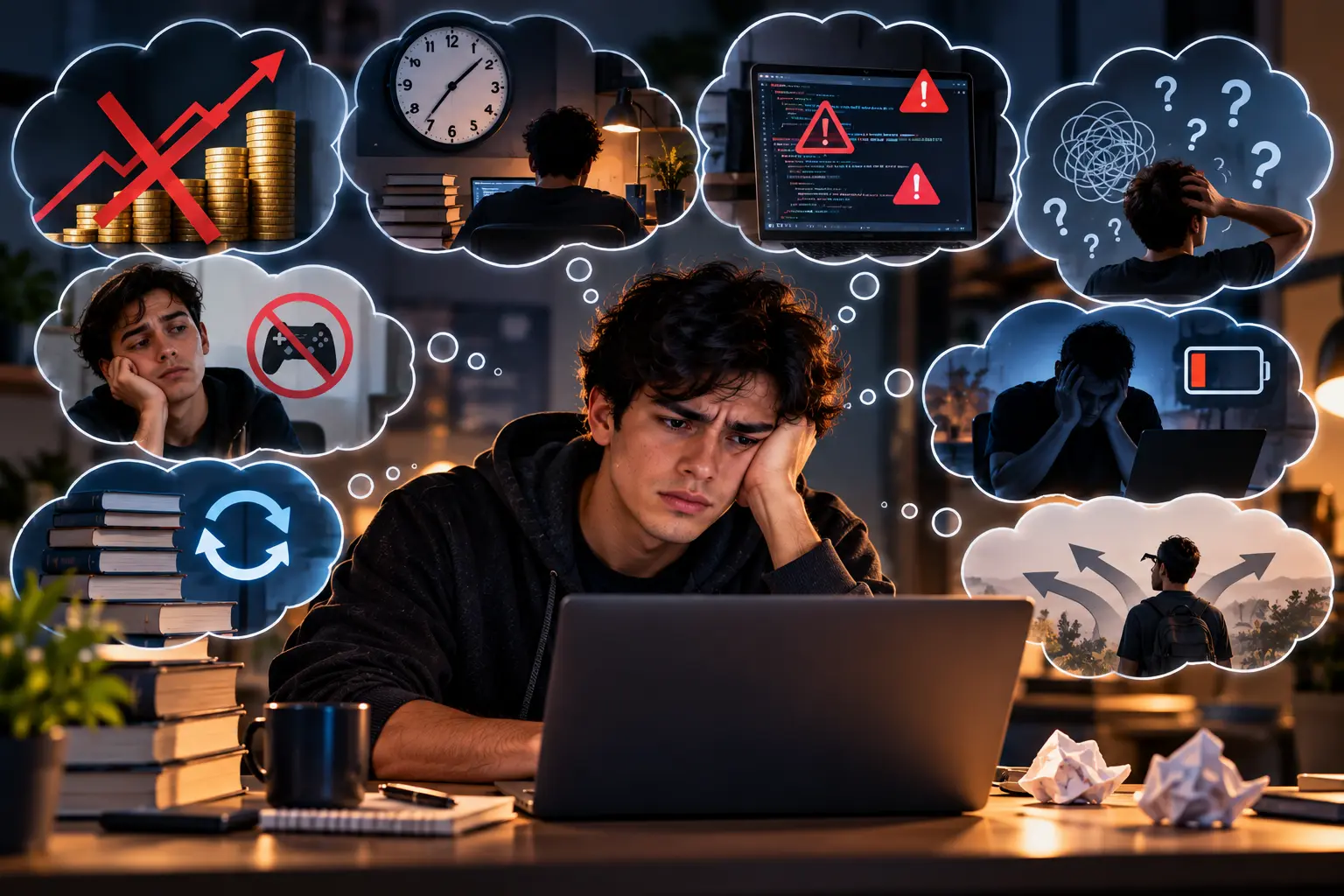 Jovem frustrado diante de um notebook, cercado por representações de dificuldades relacionadas à programação, como erros de código, dúvidas, longas horas de estudo, atualização constante e incertezas sobre carreira e ganhos.