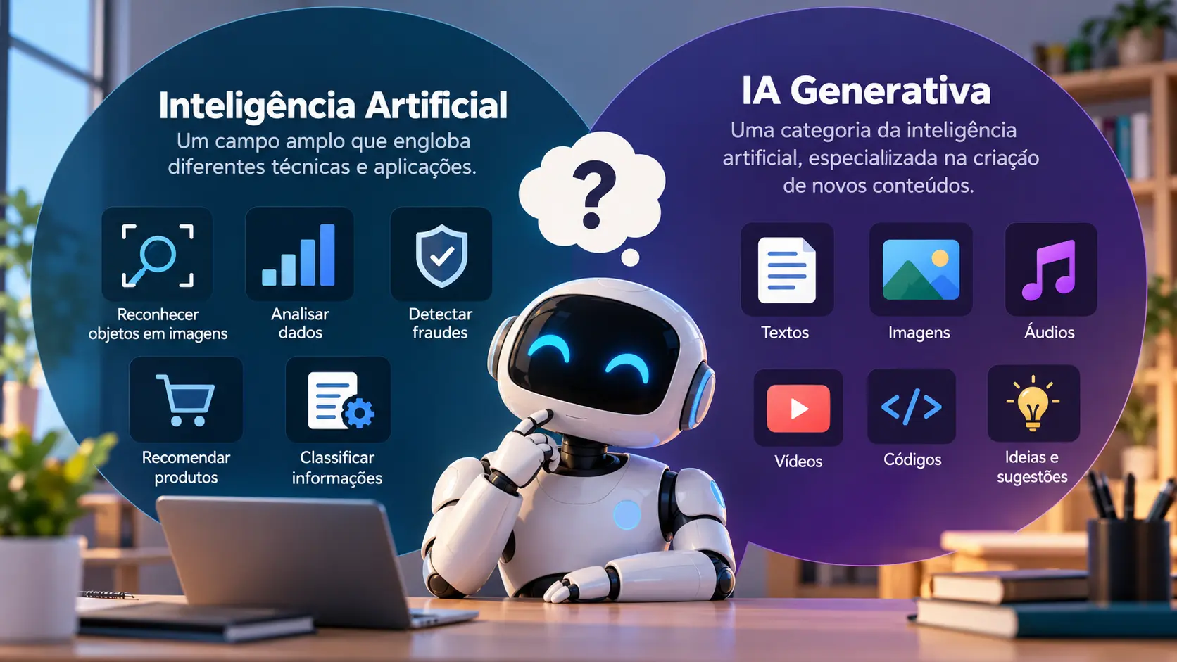 Entenda a diferen&ccedil;a entre intelig&ecirc;ncia artificial e IA generativa e descubra como essa tecnologia consegue criar textos, imagens, c&oacute;digos, &aacute;udios e outros conte&uacute;dos.