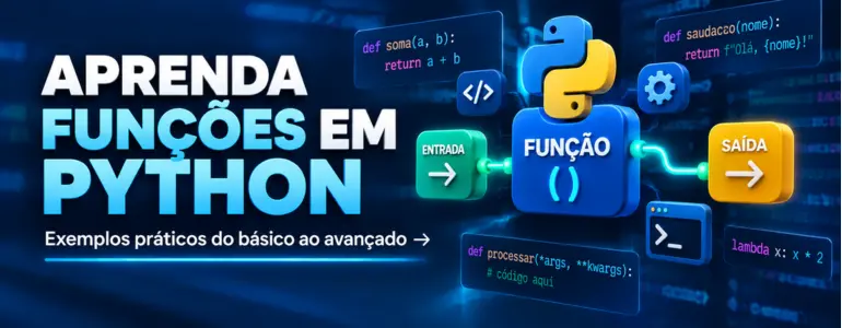 Banner sobre fun&ccedil;&otilde;es em Python com o t&iacute;tulo &ldquo;Aprenda Fun&ccedil;&otilde;es em Python&rdquo; e a chamada &ldquo;Exemplos pr&aacute;ticos do b&aacute;sico ao avan&ccedil;ado&rdquo;.