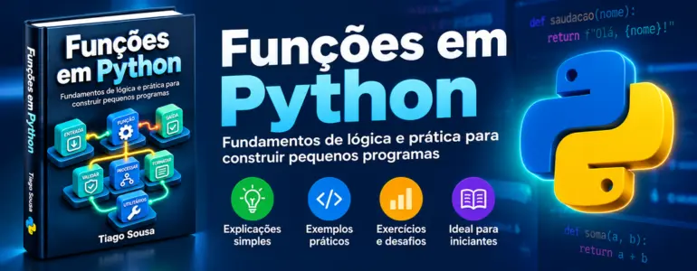 Banner do e-book &ldquo;Fun&ccedil;&otilde;es em Python&rdquo;, de Tiago Sousa. &Agrave; esquerda, aparece a capa 3D do livro com blocos coloridos representando fun&ccedil;&otilde;es, entrada, sa&iacute;da, valida&ccedil;&atilde;o, processamento, formata&ccedil;&atilde;o e utilit&aacute;rios.