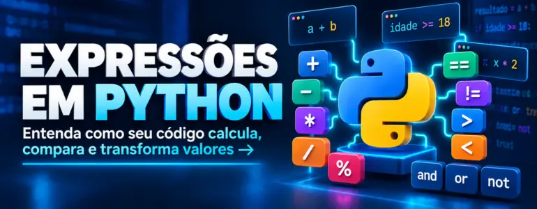 Banner sobre express&otilde;es em Python com o t&iacute;tulo &ldquo;Express&otilde;es em Python&rdquo; e a chamada &ldquo;Entenda como seu c&oacute;digo calcula, compara e transforma valores&rdquo;.