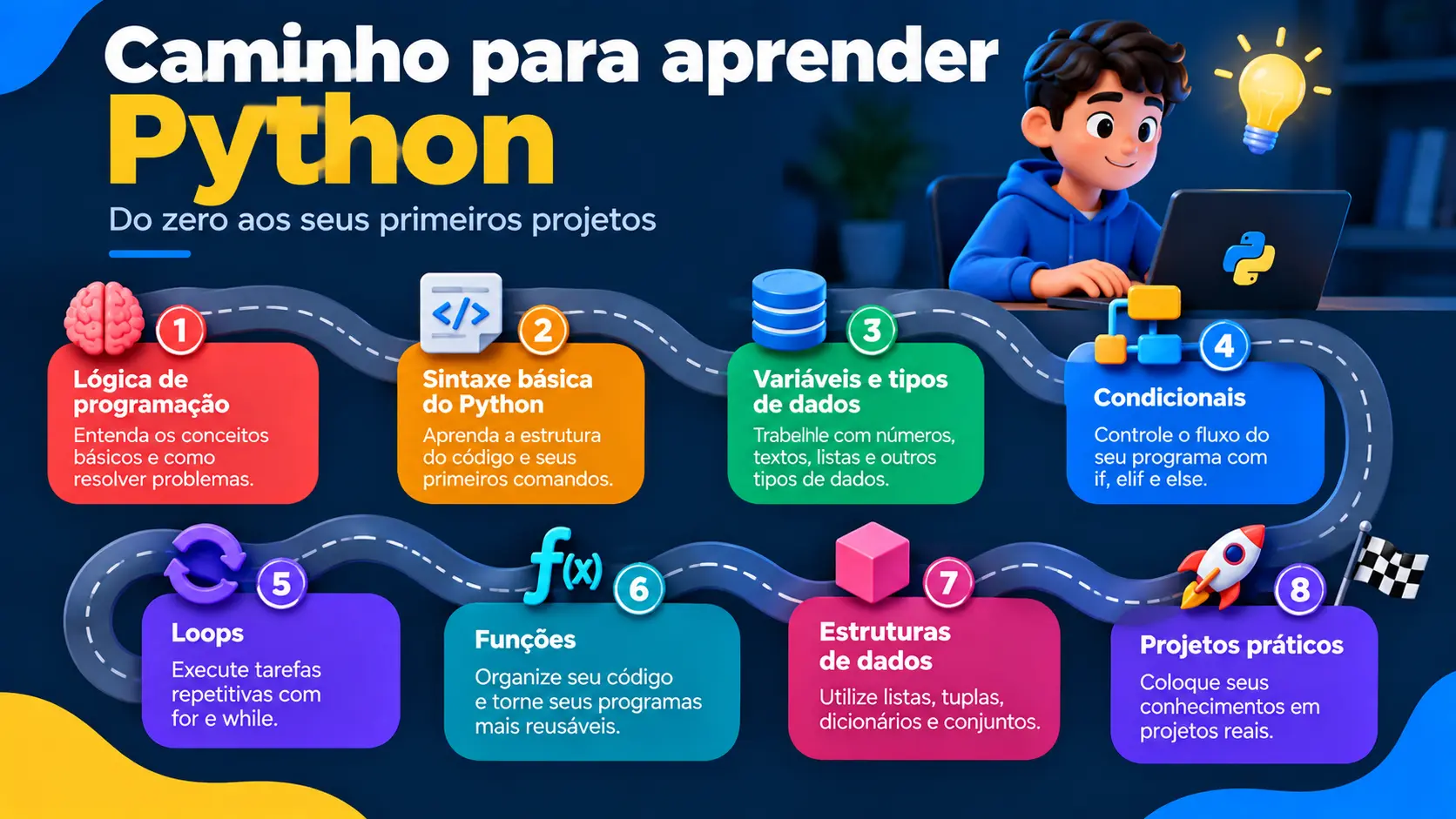 Infográfico mostrando um caminho de aprendizado de Python, desde lógica de programação e sintaxe básica até variáveis, condicionais, loops, funções, estruturas de dados e projetos práticos.