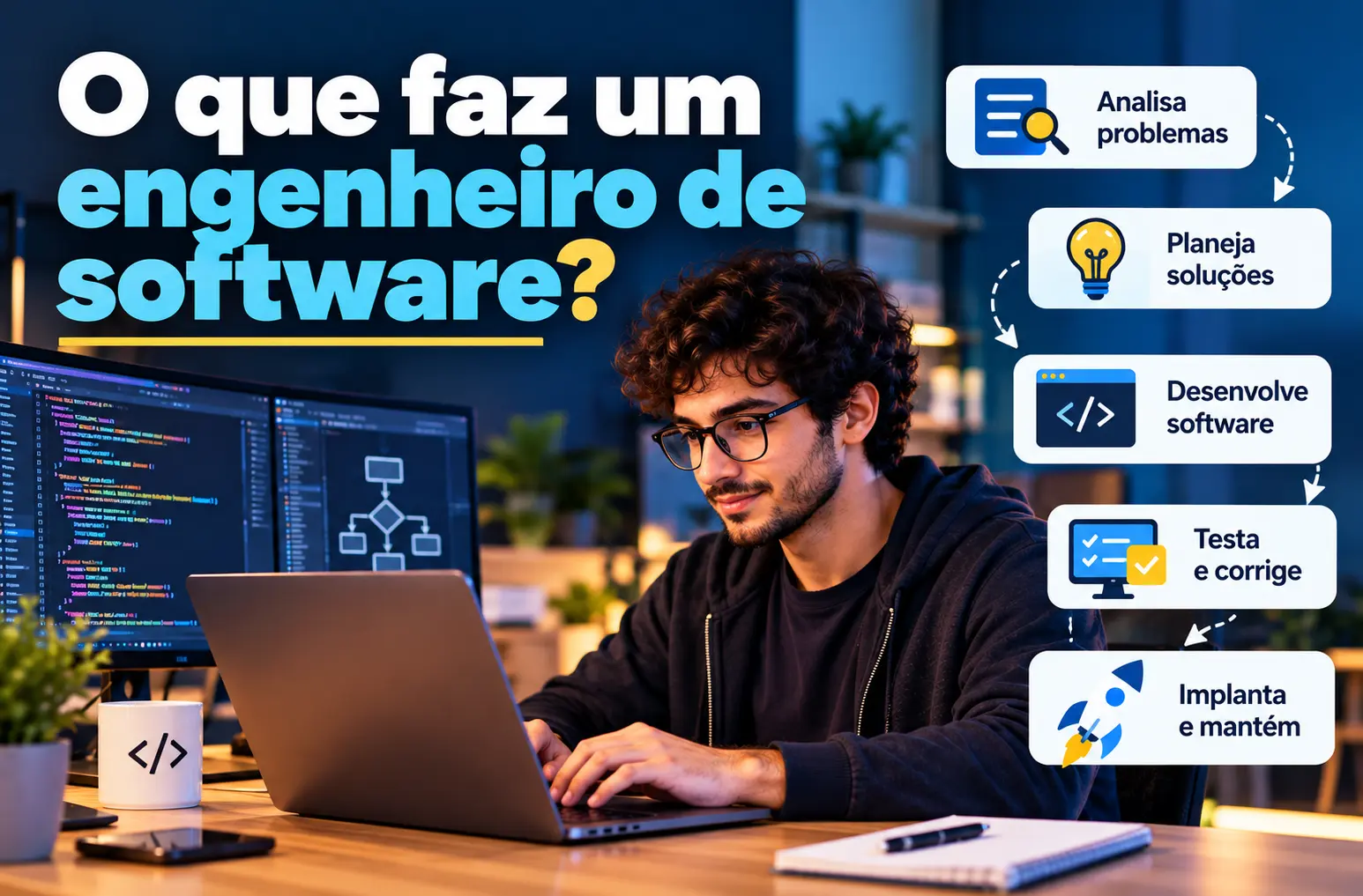 Ilustração de um engenheiro de software trabalhando no computador, mostrando as etapas de análise de problemas, planejamento de soluções, desenvolvimento, testes, correção, implantação e manutenção de software.