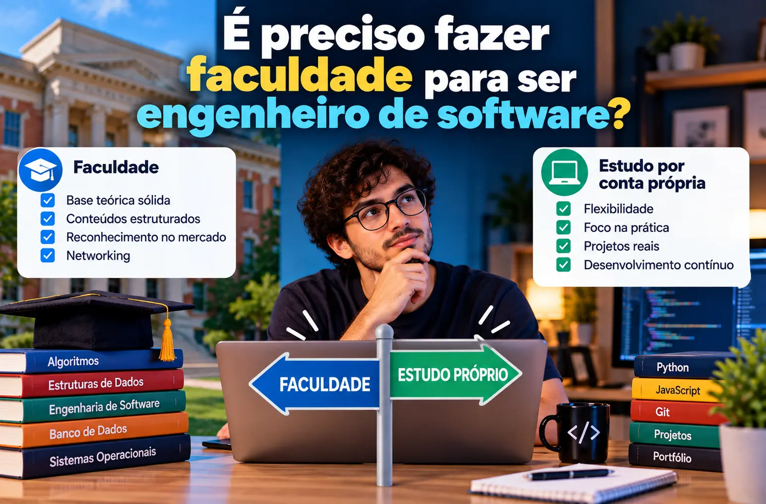 Ilustração de um estudante de programação comparando faculdade e estudo por conta própria para se tornar engenheiro de software, com livros, laptop e conceitos de tecnologia ao redor.