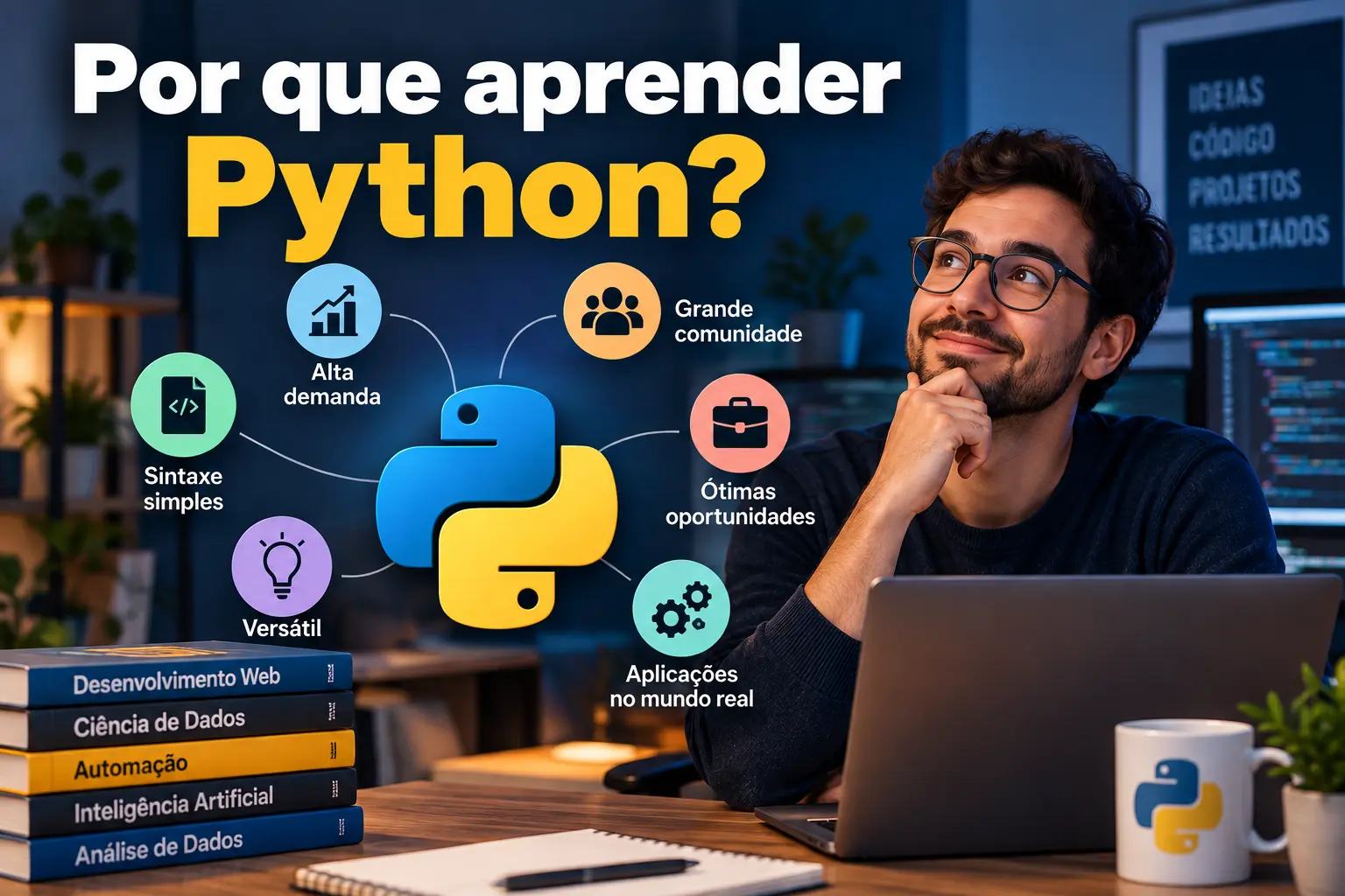 Ilustra&ccedil;&atilde;o sobre por que aprender Python, mostrando o logo da linguagem, um programador diante de um notebook e benef&iacute;cios como alta demanda, sintaxe simples, versatilidade, comunidade, oportunidades profissionais e aplica&ccedil;&otilde;es no mundo real.