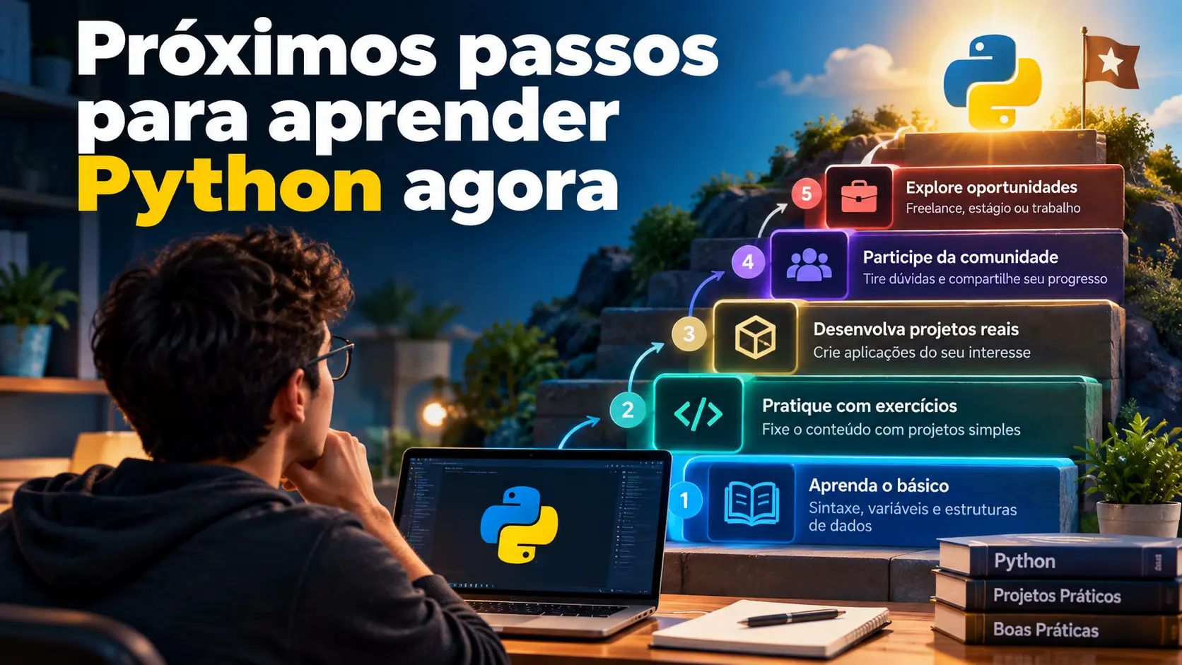 Infogr&aacute;fico mostrando os pr&oacute;ximos passos para aprender Python, com uma trilha de cinco etapas: aprender o b&aacute;sico, praticar exerc&iacute;cios, desenvolver projetos reais, participar da comunidade e explorar oportunidades profissionais.