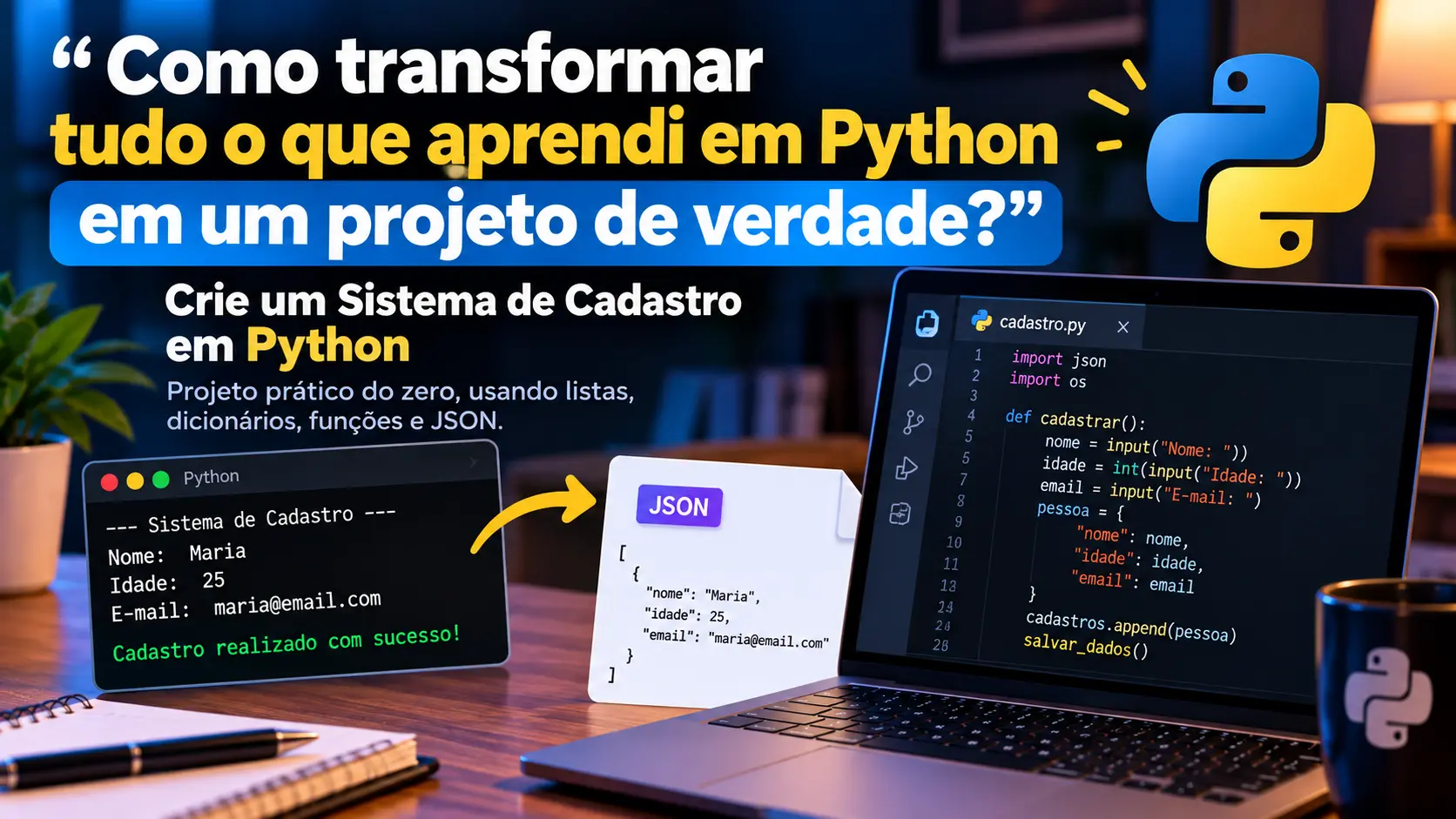 Ilustra&ccedil;&atilde;o de um projeto de sistema de cadastro em Python, mostrando c&oacute;digo no VS Code, dados de usu&aacute;rios sendo armazenados em um arquivo JSON e a execu&ccedil;&atilde;o do cadastro no terminal.