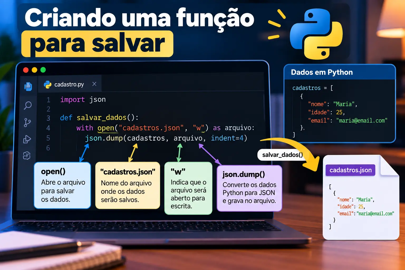 Infogr&aacute;fico mostrando como criar uma fun&ccedil;&atilde;o salvar_dados() em Python para gravar uma lista de cadastros em um arquivo JSON usando open() e json.dump().