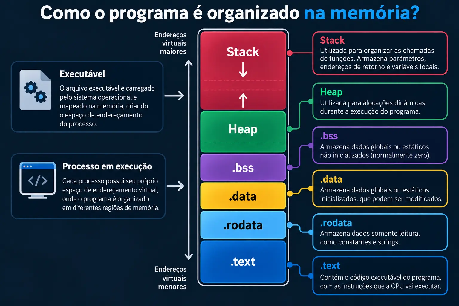 Infogr&aacute;fico mostrando a organiza&ccedil;&atilde;o da mem&oacute;ria virtual de um processo, com as regi&otilde;es .text, .rodata, .data, .bss, heap e stack, indicando a fun&ccedil;&atilde;o de cada uma.