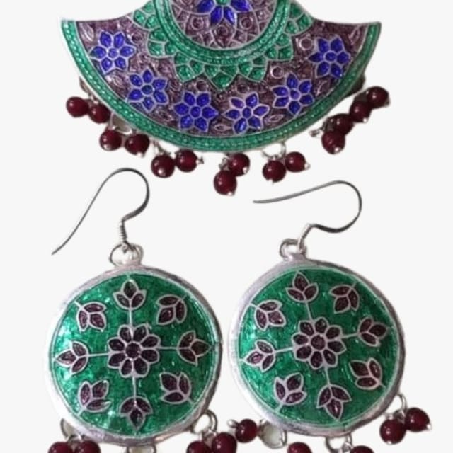 Silver Handicraft Meenakari Work Earings And Pendent Set