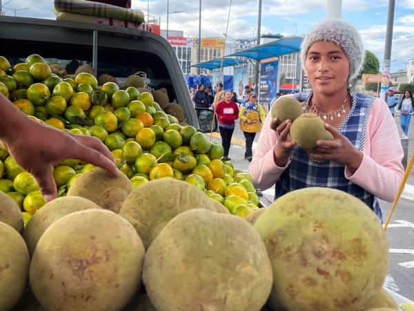 Local woman holding fresh fruit at a street market in Quito