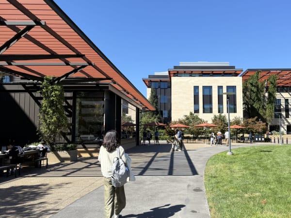 Modern campus walkway at Stanford University featuring contemporary buildings and wide grassy areas with people.