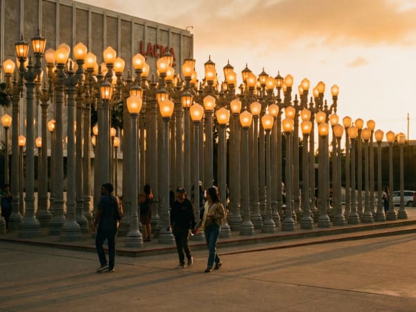Urban Light installation at LACMA with rows of street lamps in Los Angeles