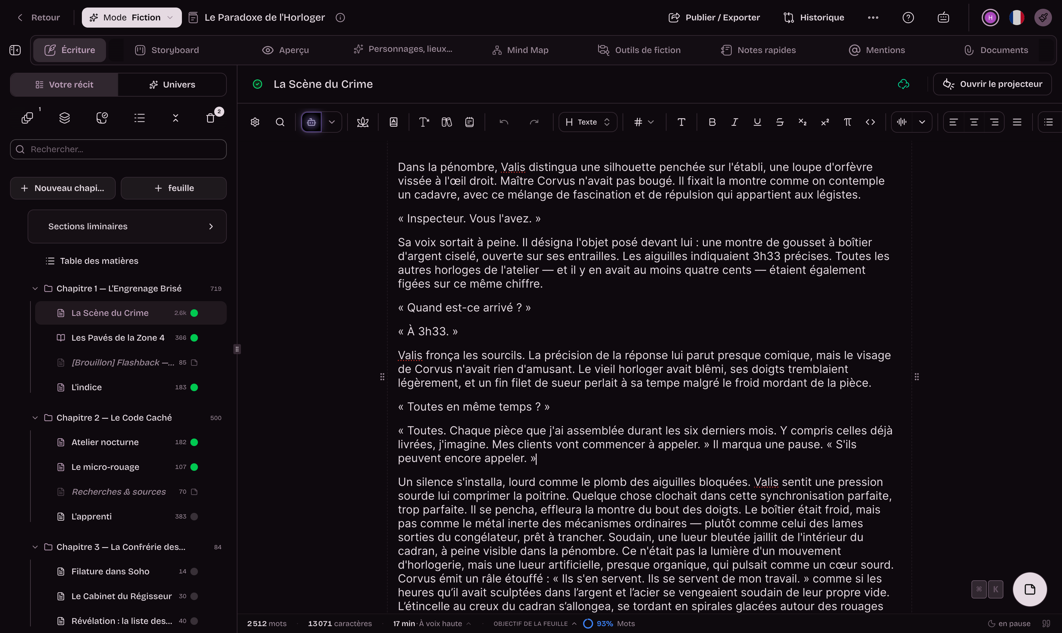 Interface Extypis mode sombre — alternative gratuite à Scrivener
