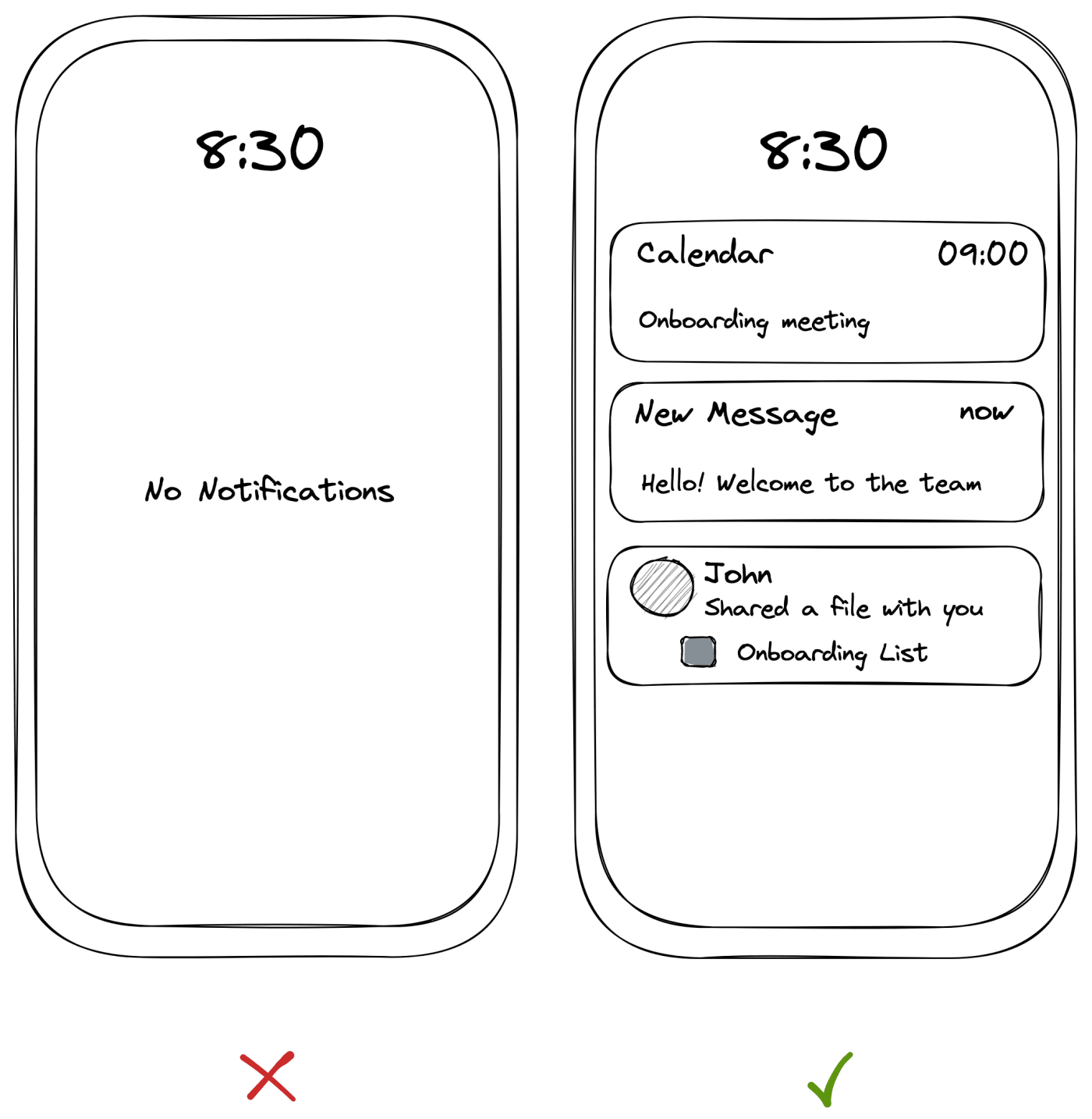 Image of two phones. Left one has empty notifications and right one has notifications indicating good onboarding process practices like including welcome message.