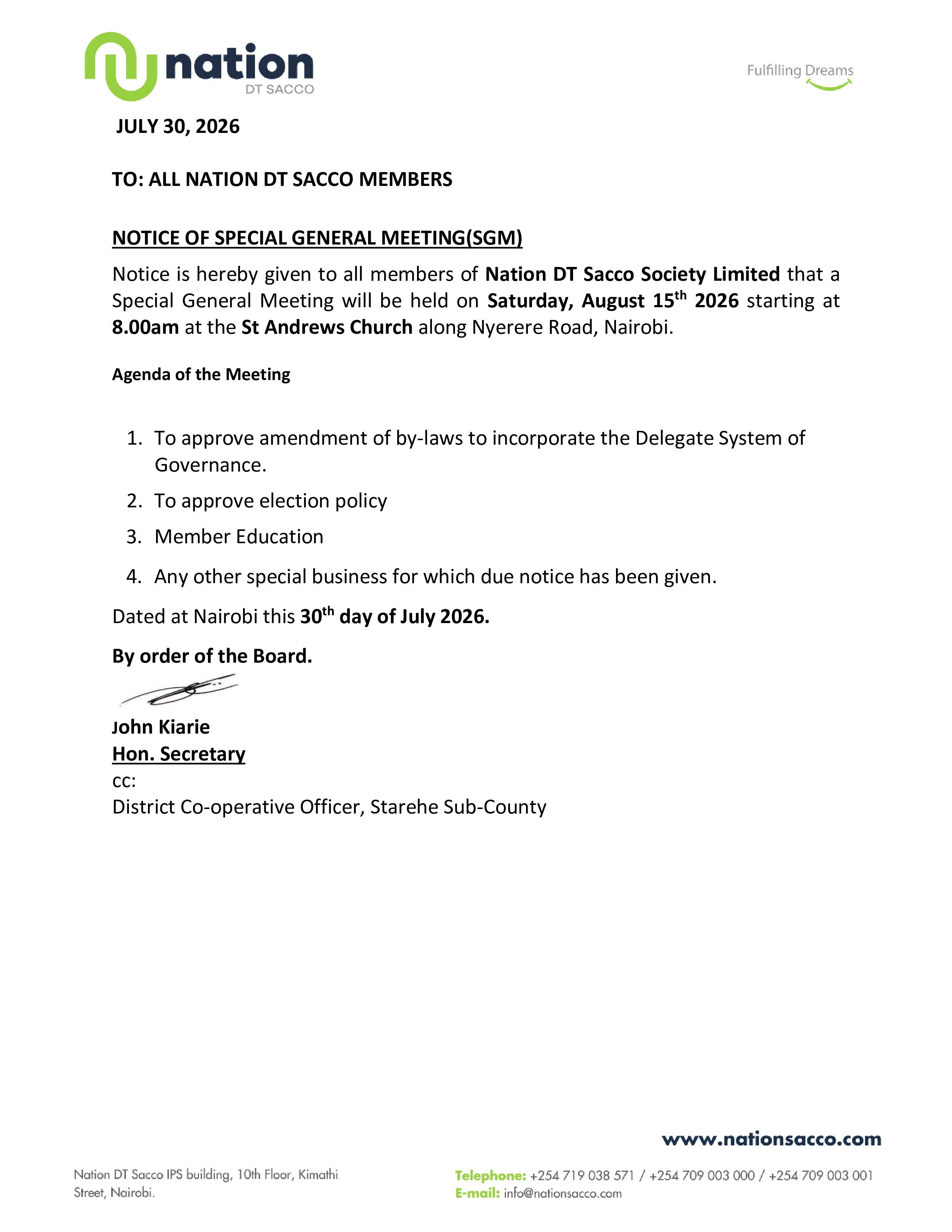  Notice of Nation DT Sacco Special General Meeting