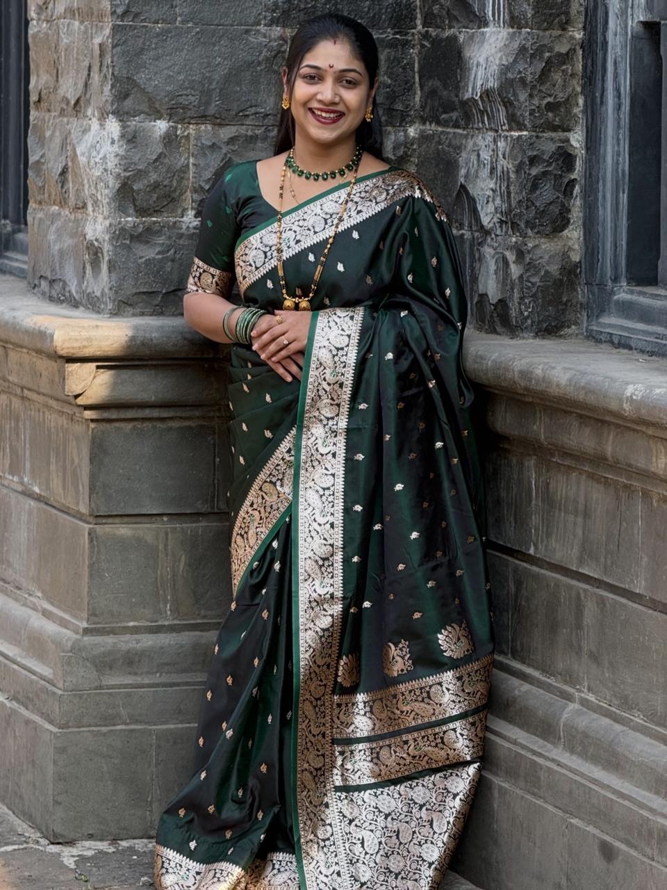 Royal Bottle Green Satin Silk Peshwai Saree