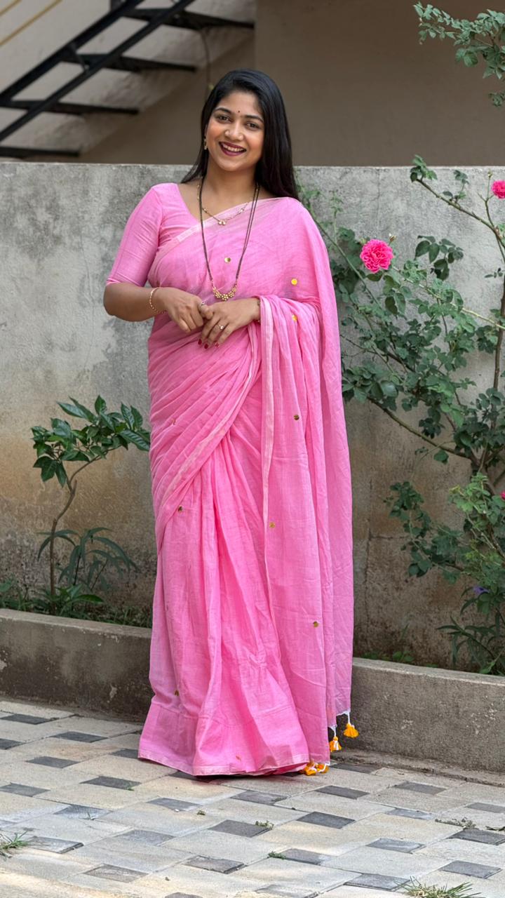 Baby Pink Mull Cotton Saree