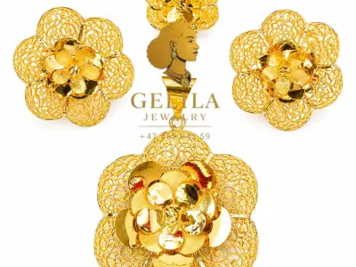 A beautifully handcrafted 21K gold necklace set featuring a statement pendant, matching earrings, and ring. Designed with intricate detailing and a radiant finish, this elegant collection is perfect for weddings, celebrations, and everyday luxury.
