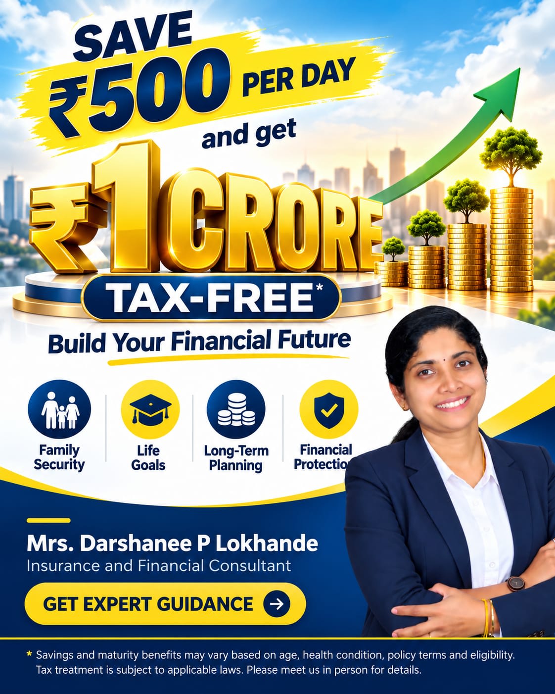 Financial planning poster highlighting a ₹1 crore tax-free benefit claim