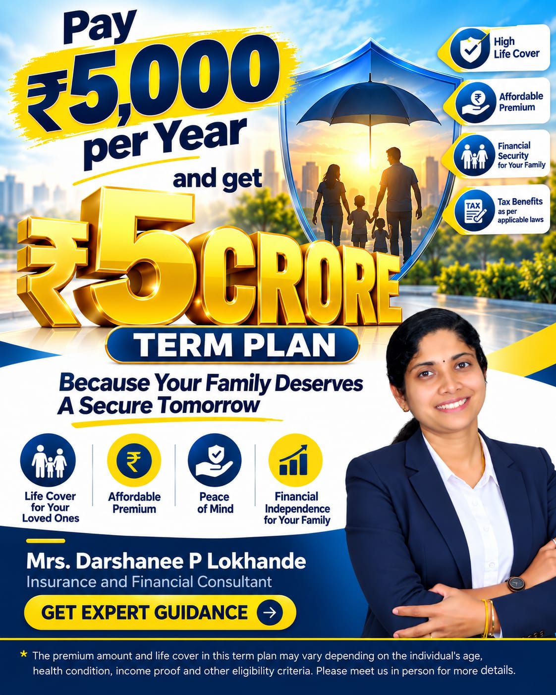 Term insurance poster illustrating a ₹5 crore term plan