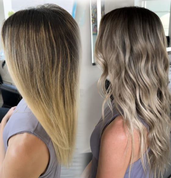 Ash blonde color correction Salon Osso Austin Texas