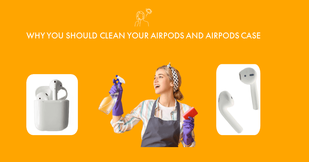 a young girl with cleaning items and airpods and airpods case