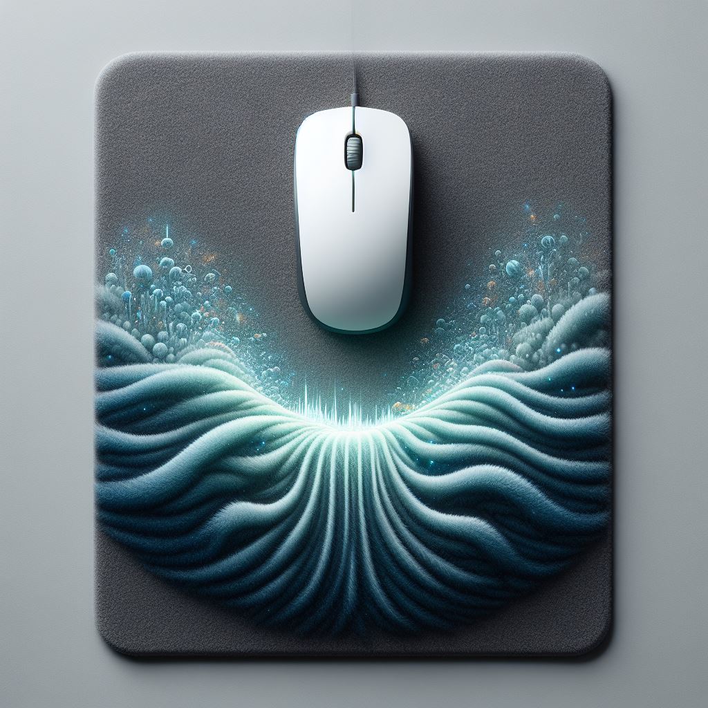 A serene mouse pad with a plush surface, provides a tranquil oasis amidst a clicking storm.