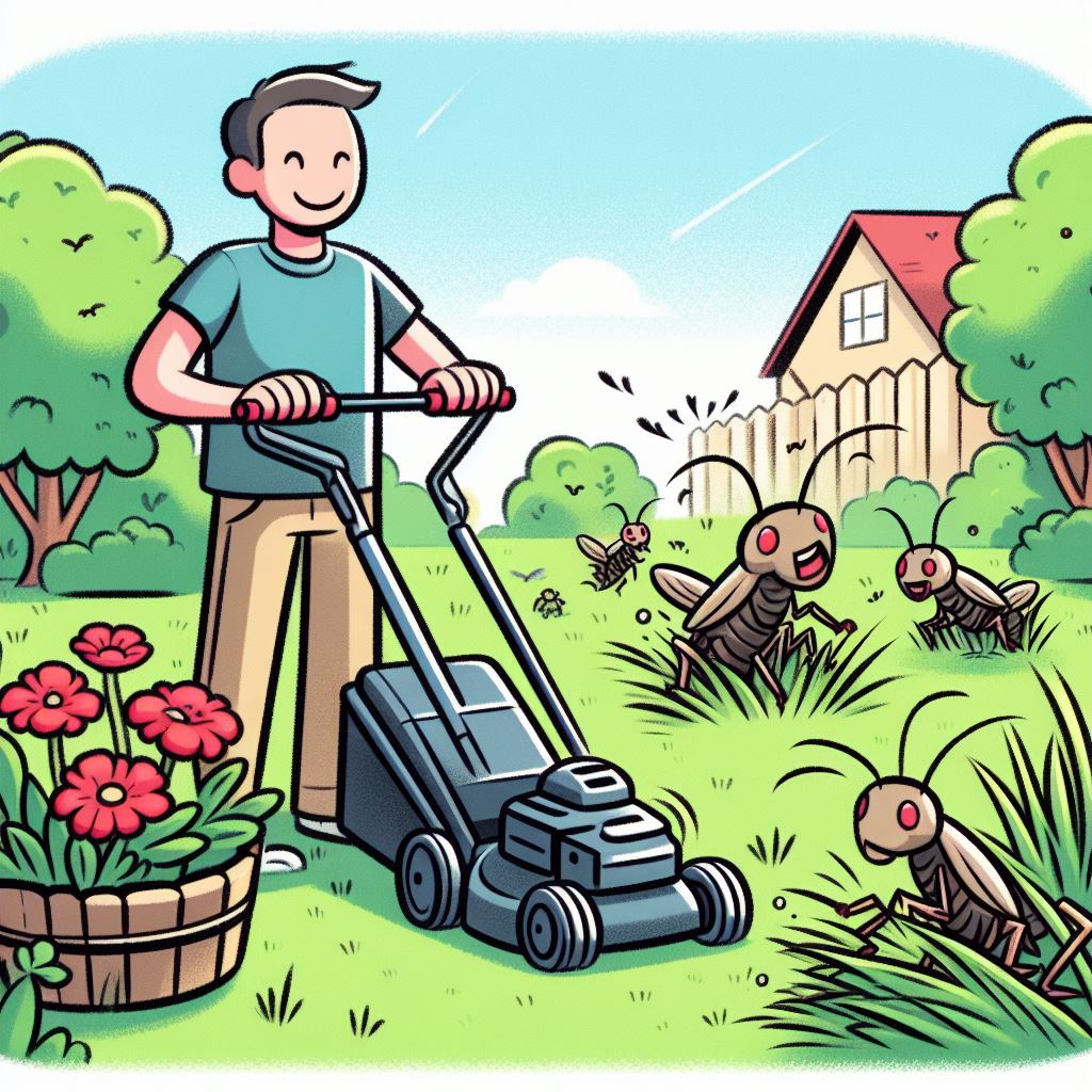 Maintaining a tidy yard by trimming grass reduces hiding spots for crickets.