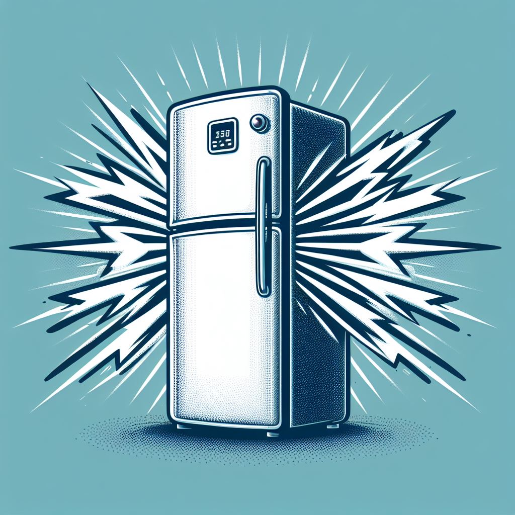 An illustration depicting a refrigerator emitting a high-frequency hum.