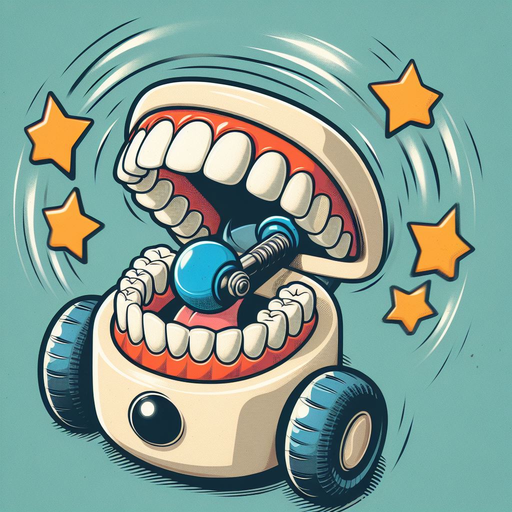 An illustration of Chattering Teeth wind-up toy creating a high-pitched, clattering noise.