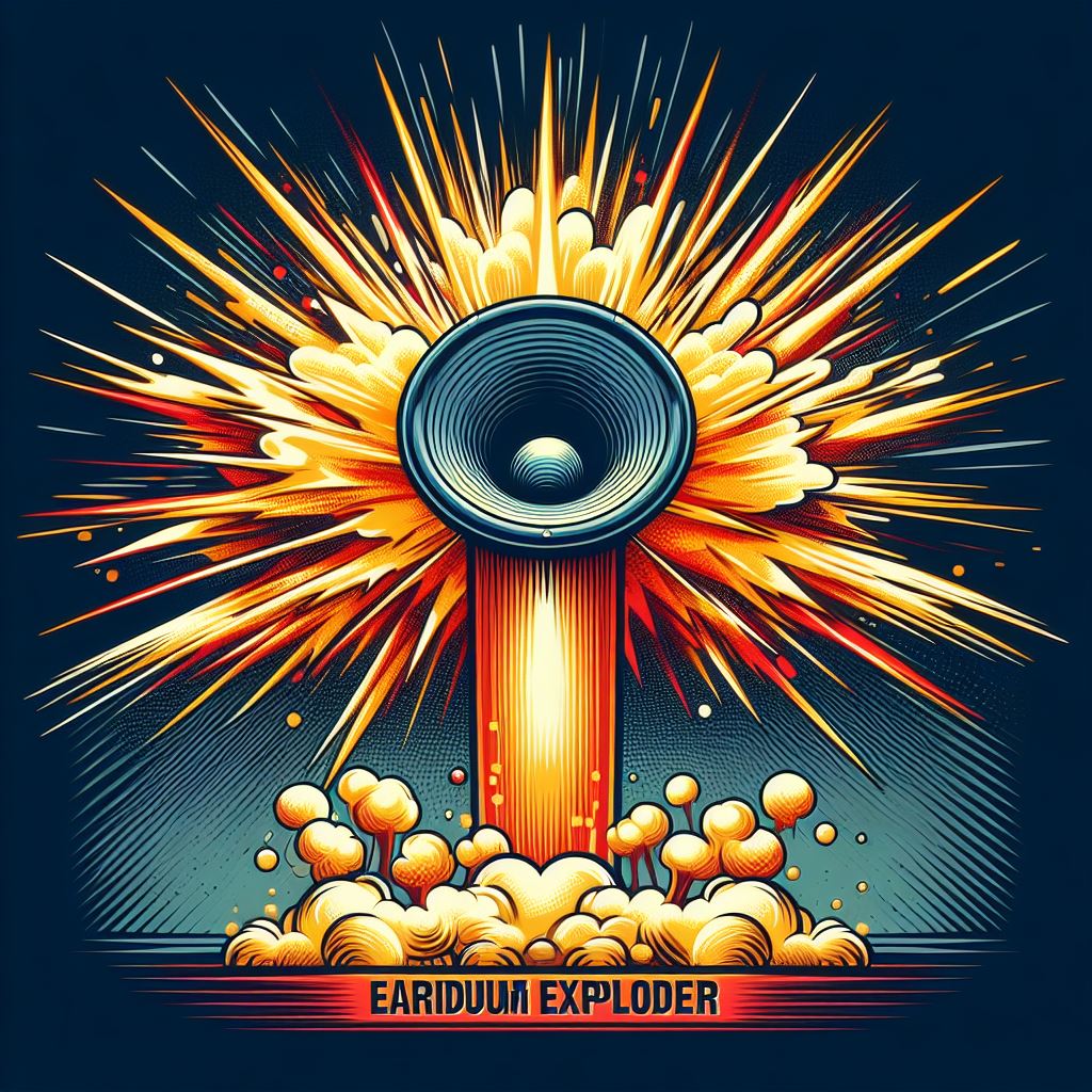 An illustration depicting the Eardrum Exploder speaker system emitting a powerful, ear-splitting noise.