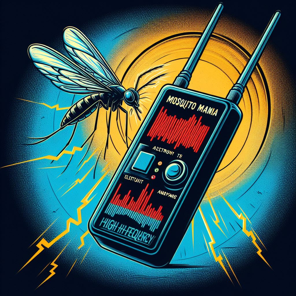 An illustration of the Mosquito Mania electronic device emitting a high-frequency buzz.