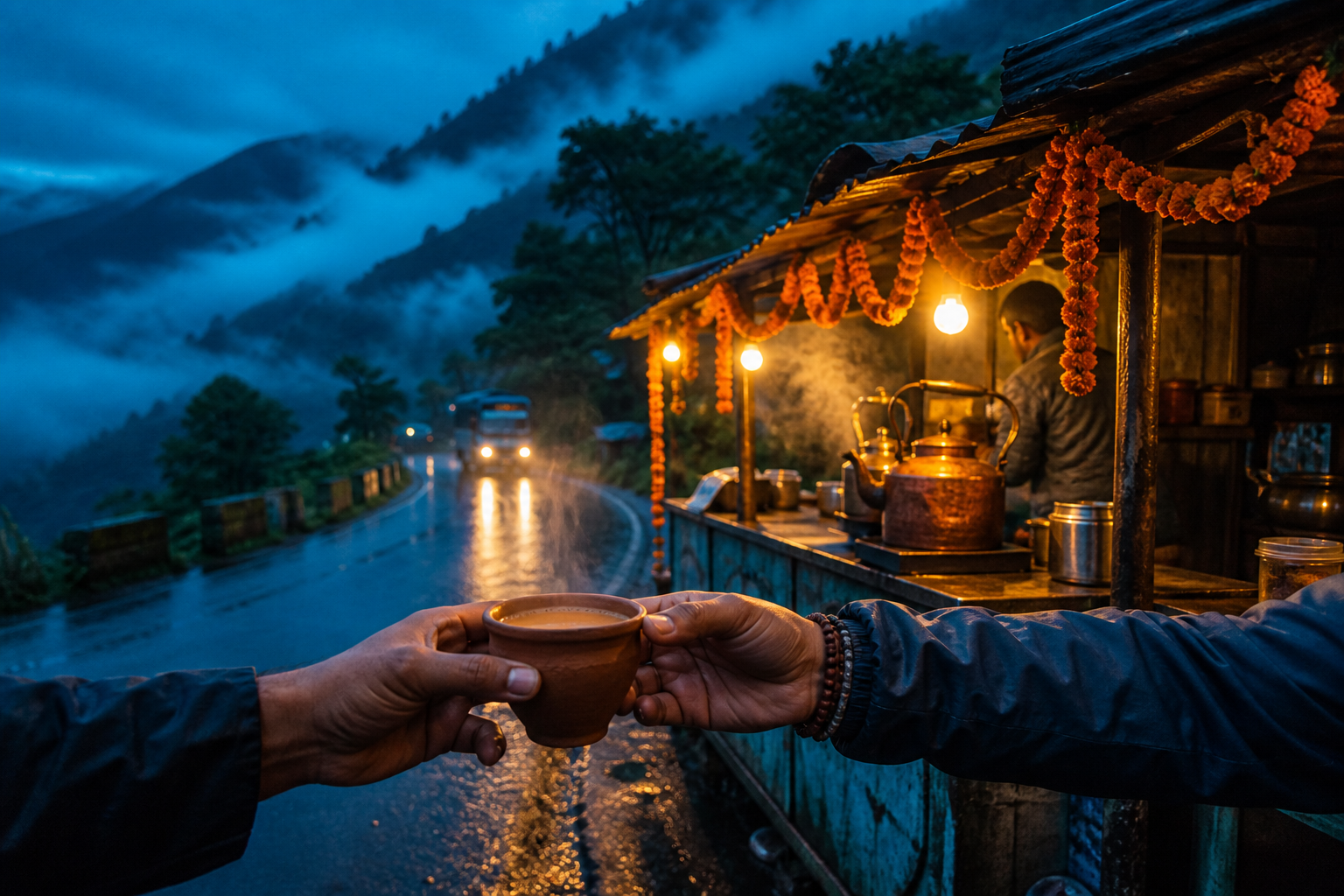 Blue Hour Tea Fire generated image study