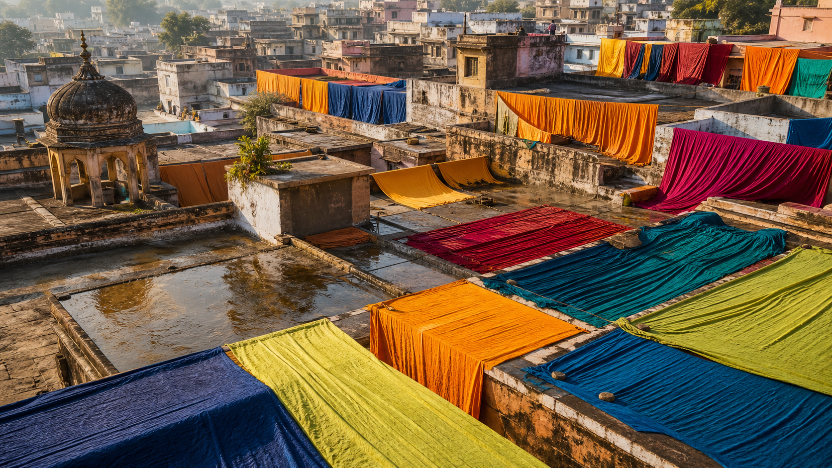Generated colorful rooftop fabric scene