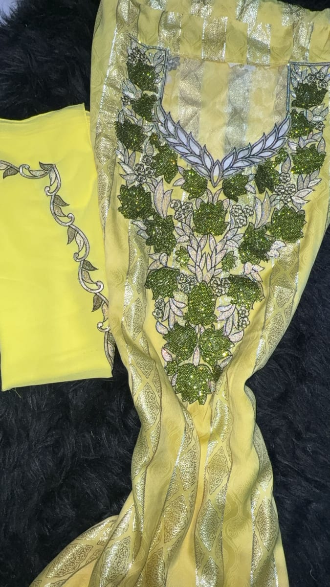 Mikhwar Jawhara Jaune - Tissu Luxe 3ars Mariage UAE couleur jaune et vert - Mikhwar UAE authentique disponible au Maroc chez Zargue