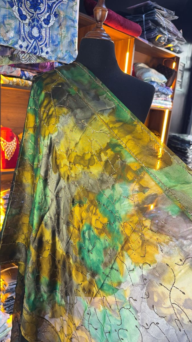 Foulard Tlija Jaune - Chale Elegant UAE Mariee Marocaine couleur jaune et vert - Foulard UAE authentique disponible au Maroc chez Zargue