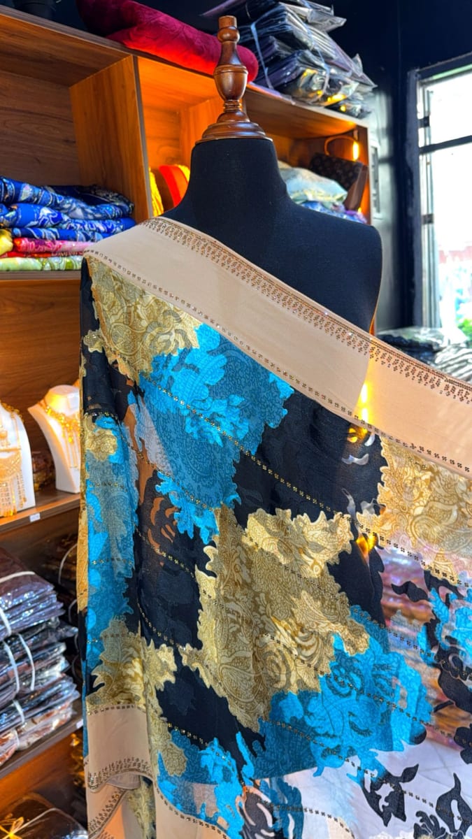 Foulard Tlija Bleu - Chale Elegant UAE Mariee Marocaine couleur bleu et doré - Foulard UAE authentique disponible au Maroc chez Zargue
