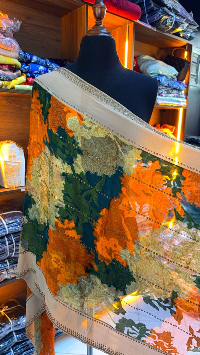 Foulard Tlija Orange - Chale Elegant UAE Mariee Marocaine couleur orange et vert - Foulard UAE authentique disponible au Maroc chez Zargue