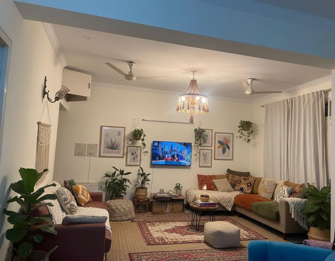 Cozy boho living room styled by Decodrama — home makeover Delhi