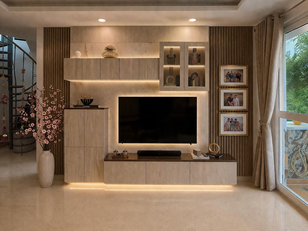 Living room setup with a nice Tv showcase