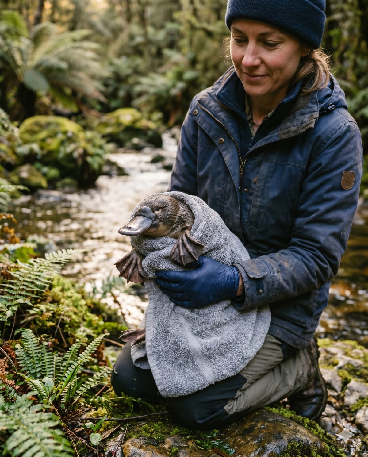 Wildlife researcher examining a wild platypus during a PIT tag monitoring study on the Inglis River, Tasmania