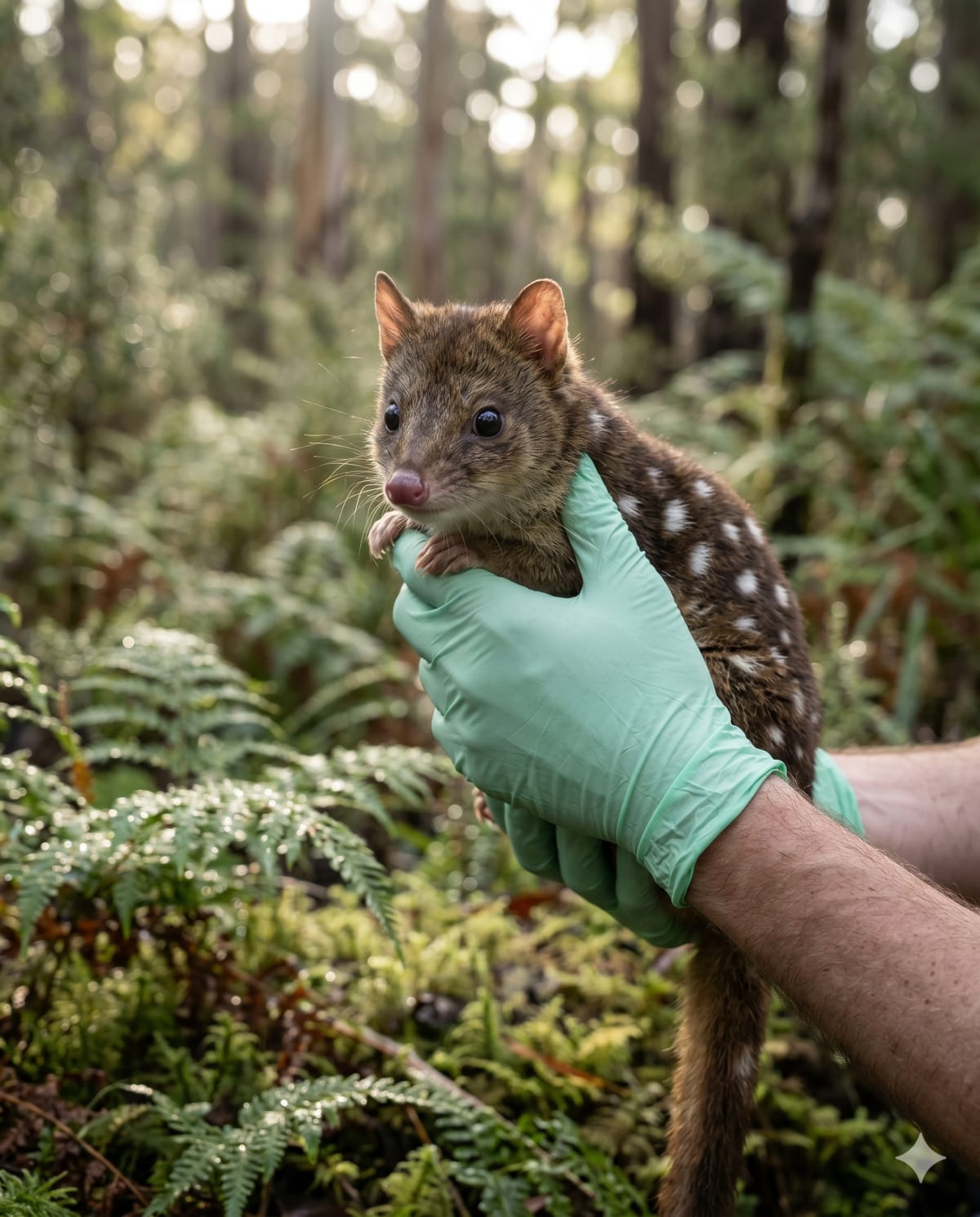 Endangered eastern quoll being handled by a wildlife biologist during a Tasmanian PIT tag research project