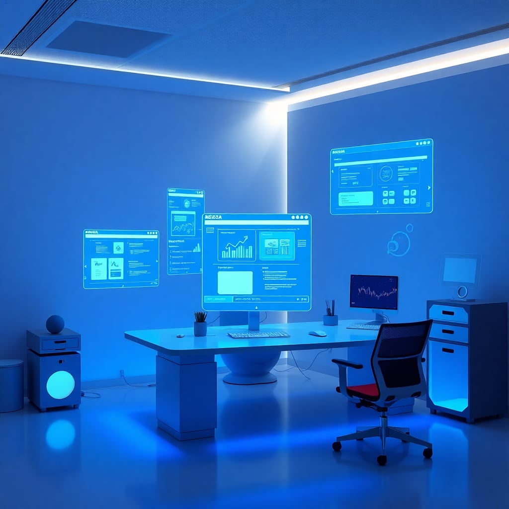 futuristic digital workspace with holographic displays showing website and app development, minimalist clean style with blue accent lighting