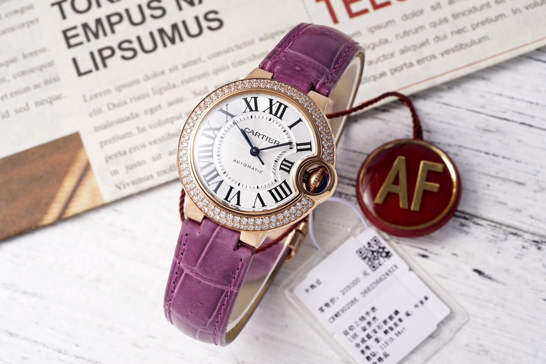 까르띠에 AF공장 까르띠에 발롱 브루 드 로즈골드 다이아 베젤 / 퍼플 가죽밴드 33mm SEIKO NH05A 21J 무브먼트 상세 이미지 1
