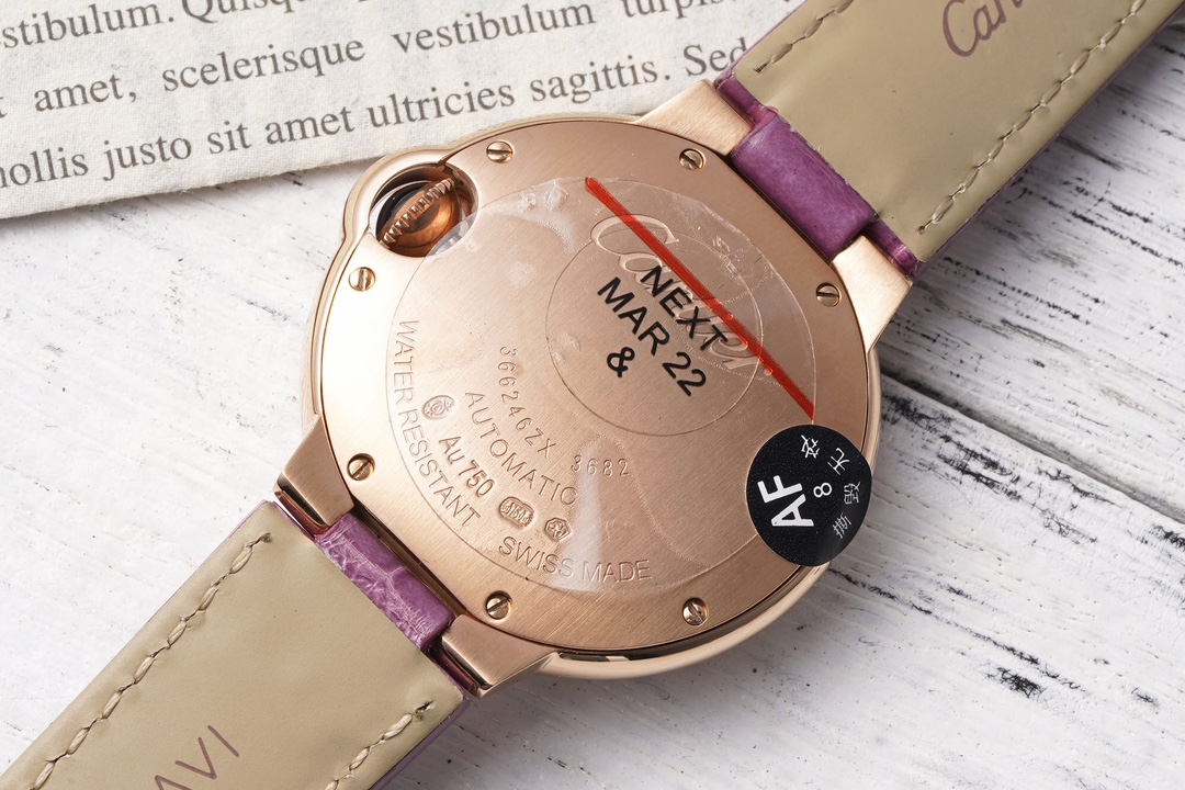 까르띠에 AF공장 까르띠에 발롱 브루 드 로즈골드 다이아 베젤 / 퍼플 가죽밴드 33mm SEIKO NH05A 21J 무브먼트 상세 이미지 8