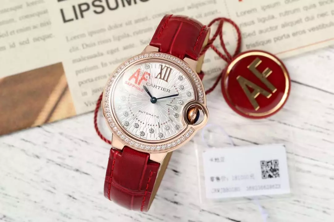 까르띠에 AF공장 까르띠에 발롱 브루 드 로즈골드 다이아 베젤 / 레드 가죽밴드 33mm SEIKO NH05A 21J 무브먼트 상세 이미지 1